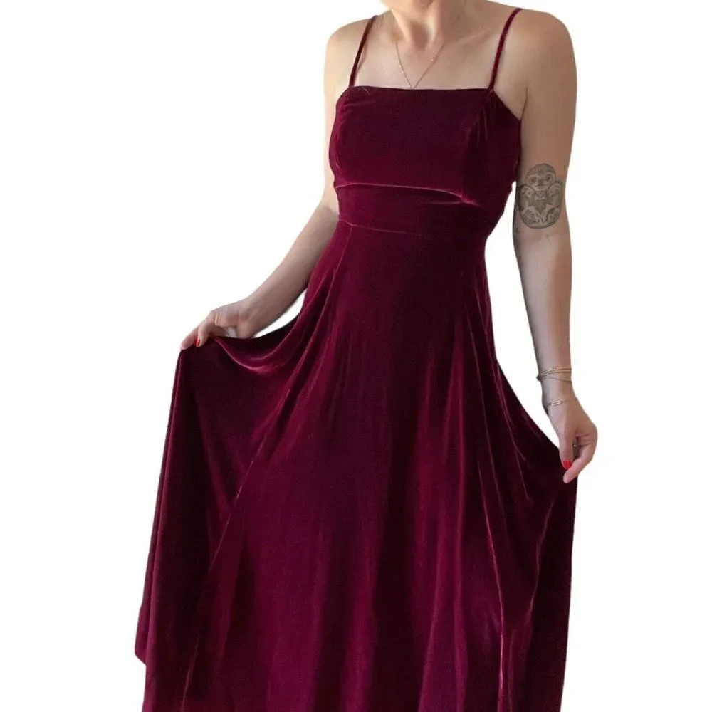 Vintage 1970s Womens Bonnie Strauss Red Crushed Velvet Square Neck Maxi Dress S - Picture 3 of 8